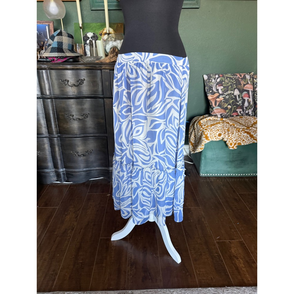 1.STATE‎ Blue White Abstract Print Tiered Maxi Skirt XS Elastic Waist  Lined